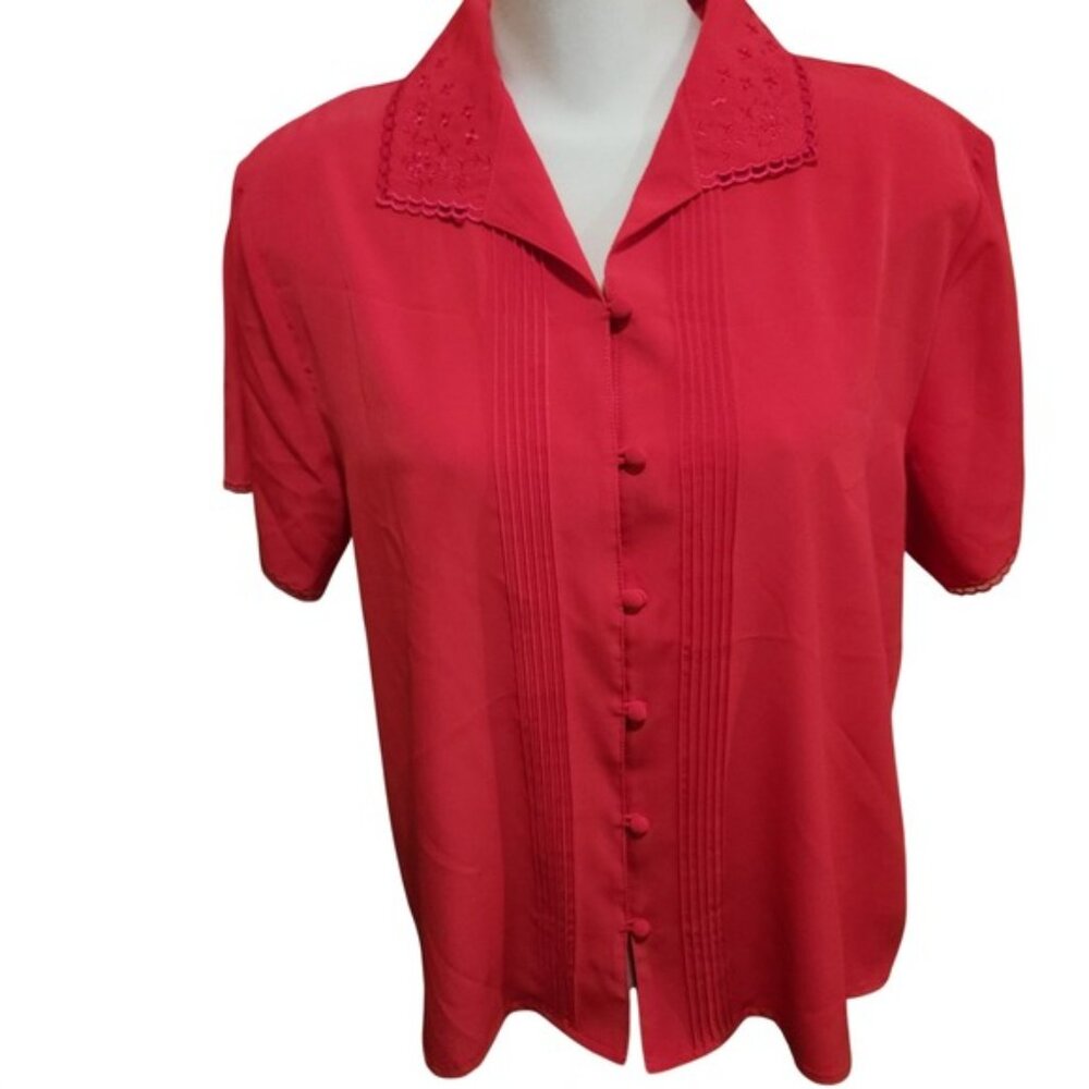 Vintage 80s Claudia Richard‎ Red Embroidered Pintuck Blouse Womens Size 14